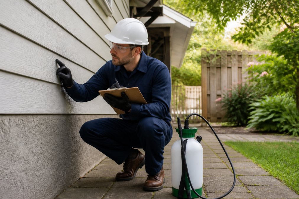 Professional pest control technician in uniform and protective gear inspecting residential property exterior with clipboard and equipment visible in daylight