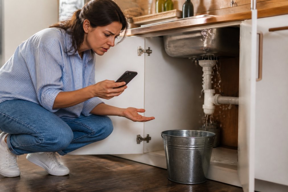 A homeowner in a kitchen holding a smartphone while looking at a visible pipe leak under the sink, water dripping into a metal bucket on the floor