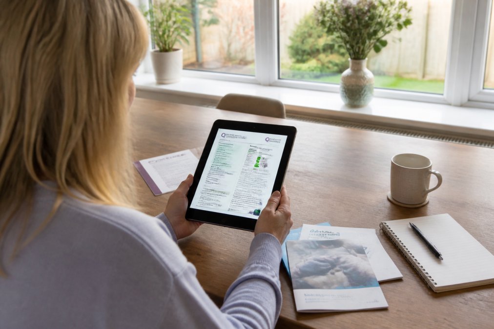 Patient reviewing clinic credentials and CQC registration documents on a tablet computer screen in a home setting, natural daylight from window