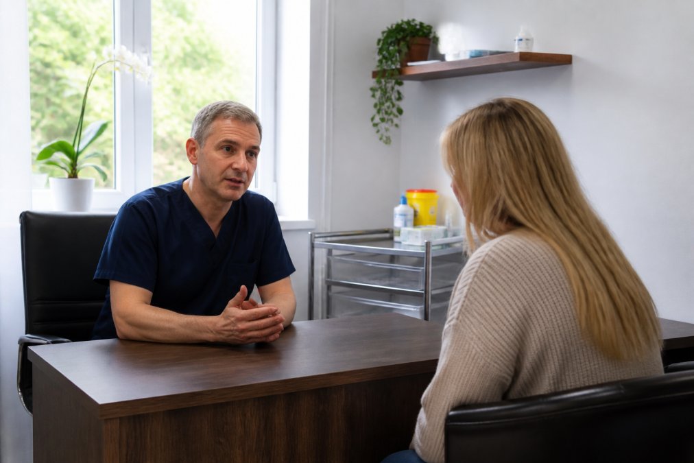 Modern private clinic consultation room with doctor and patient discussing treatment options at a desk, natural lighting from window, professional medical setting