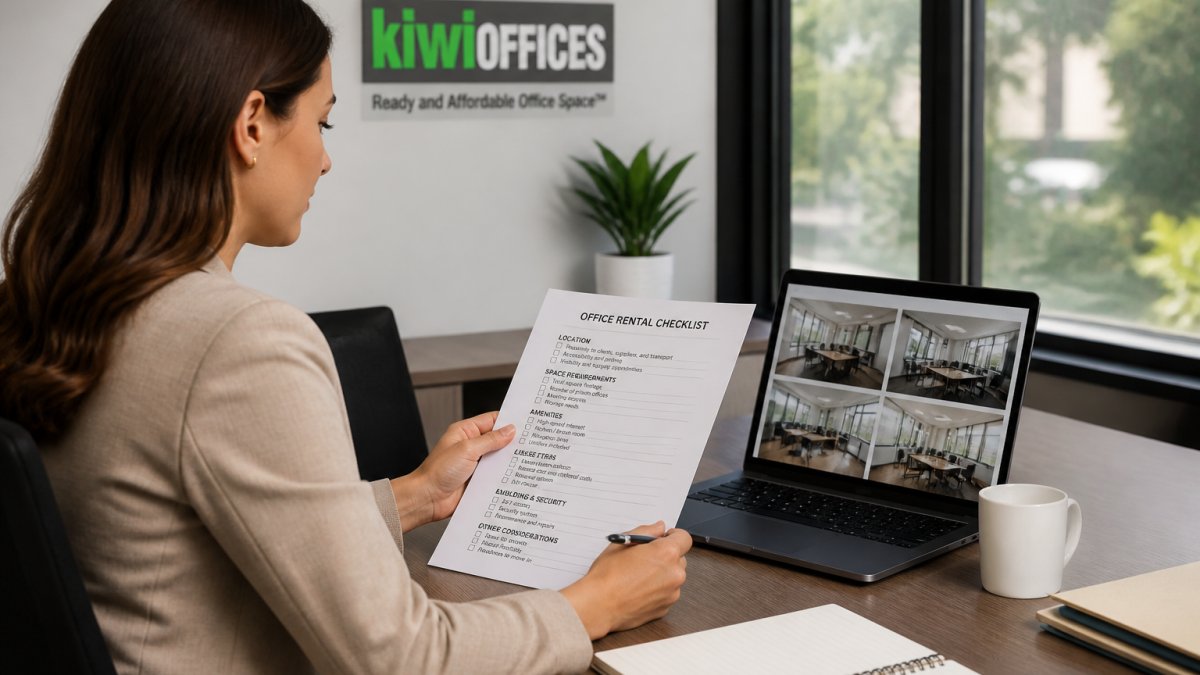 A small business owner reviewing a printed office rental checklist at a desk with a laptop showing office listings, in a bright professional workspace