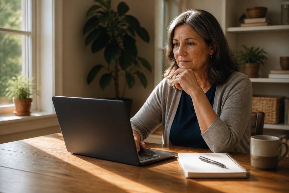 A woman in her fifties sitting at a wooden desk reviewing a state licensing website on a laptop, notepad and pen beside her, warm afternoon light through a window