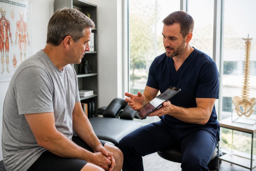 A middle-aged patient in a bright, modern clinic consulting with a chiropractor who is reviewing a tablet showing a treatment plan, natural lighting through large windows