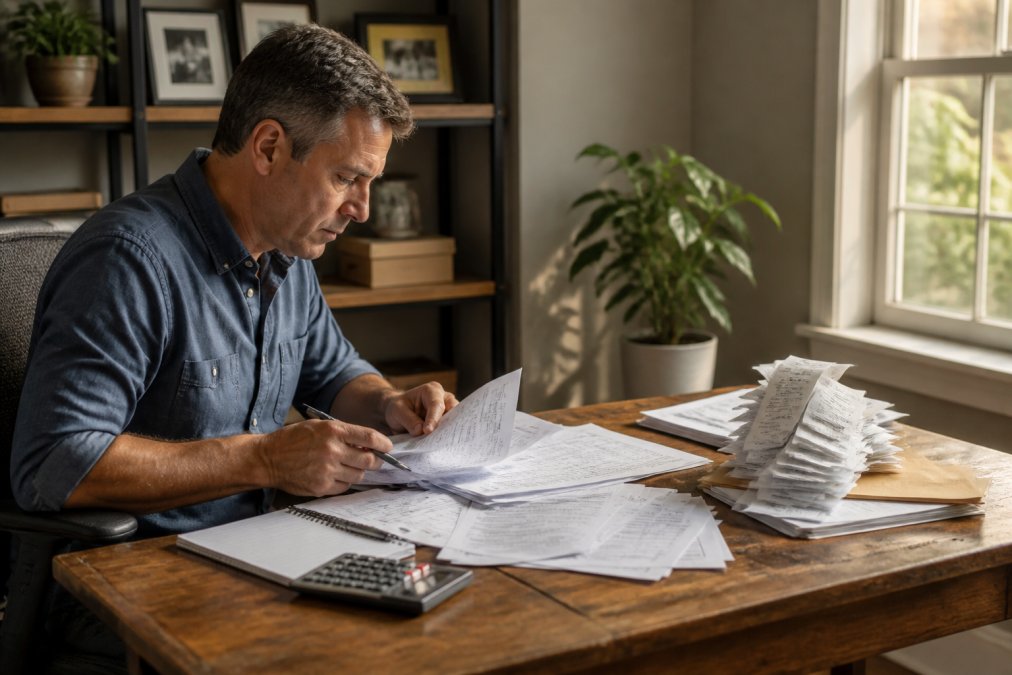 Small business owner reviewing financial documents before hiring a reliable bookkeeper in a sunny home office.