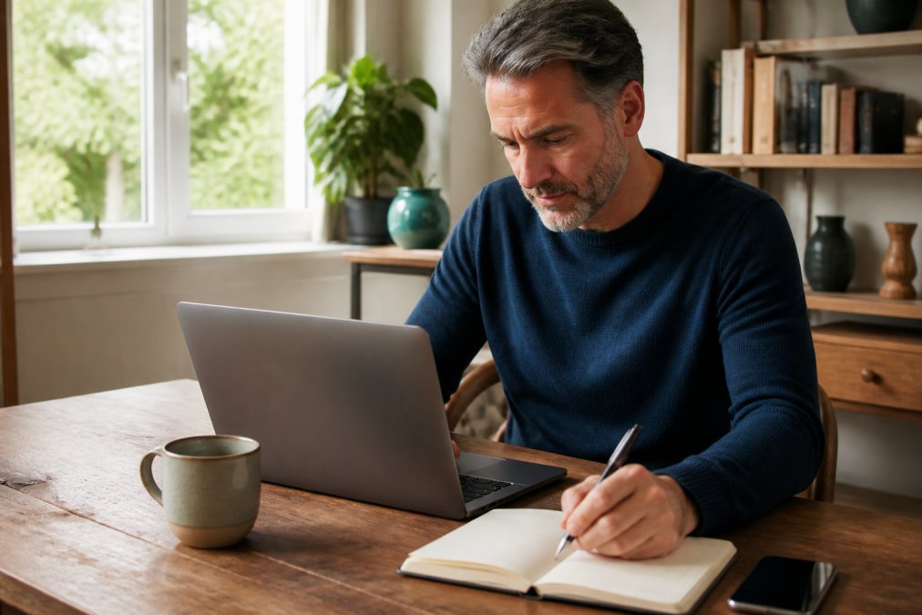 A person in their 40s sitting at a home desk, writing a thoughtful message on a laptop, with a notebook and coffee nearby, warm natural light