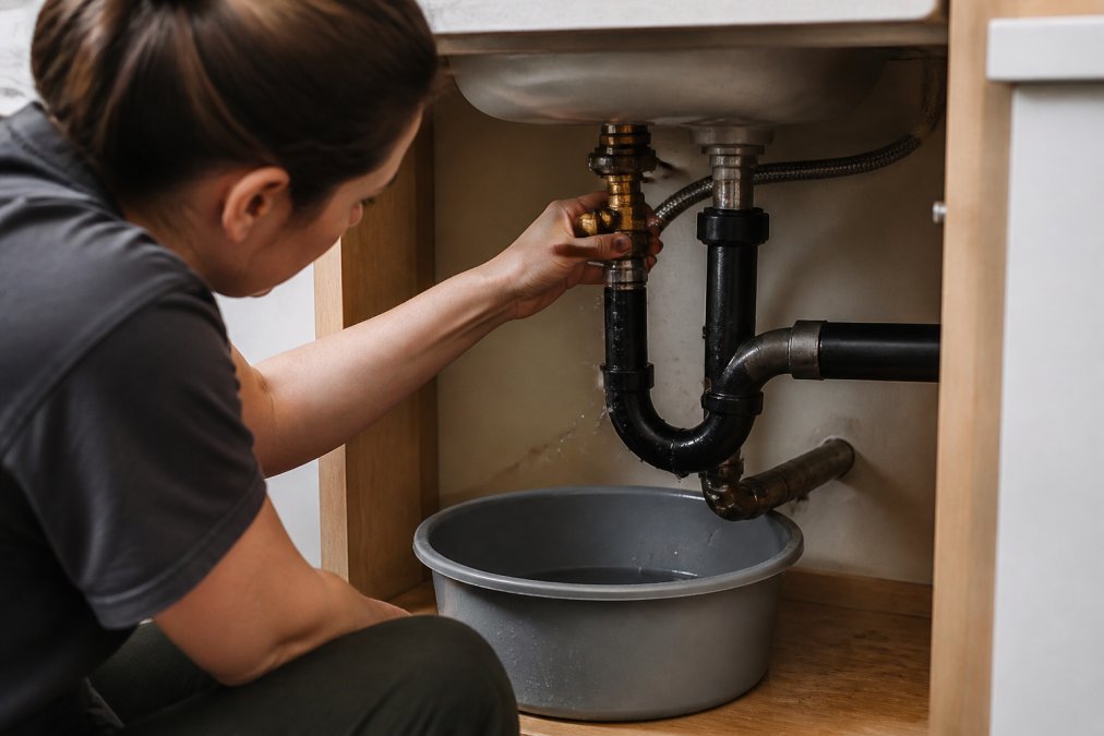 Homeowner crouched under a kitchen sink, hands gripping a brass shut-off valve while turning it clockwise, water droplets visible on the pipes