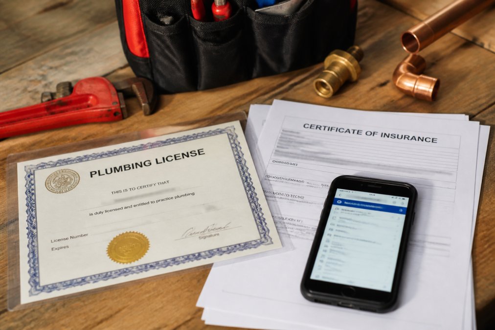 Close-up of a laminated plumbing license certificate and insurance documentation spread on a wooden desk, with a smartphone displaying a state licensing board verification search result