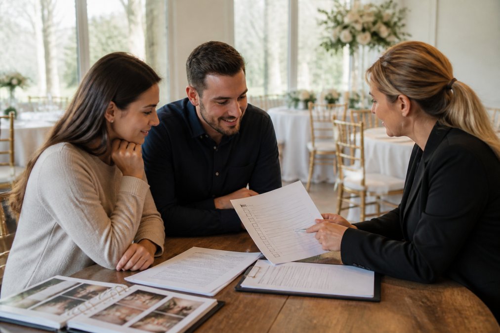 Checklist infographic showing a couple reviewing contract steps with their event coordinator in a meeting.