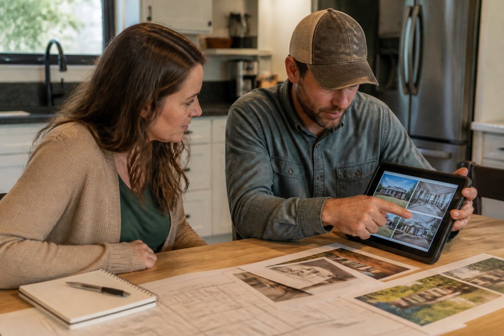 Client reviewing past project photos on a tablet to hire a reliable general contractor for their renovation.
