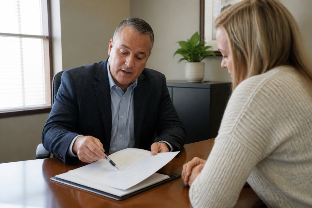 Professional insurance agent reviewing policy documents and discussing coverage options with client at desk in modern office setting