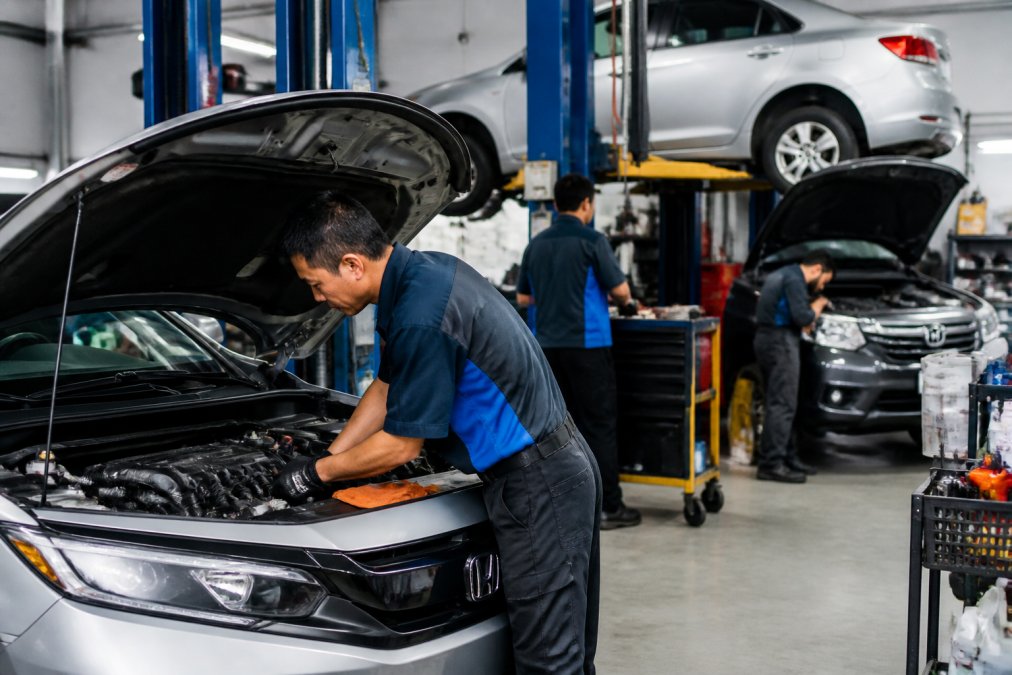 Clean, well-organized automotive service bay with professional technicians in matching uniforms working on a Japanese vehicle, diagnostic equipment and computer terminals visible in background, bright fluorescent lighting