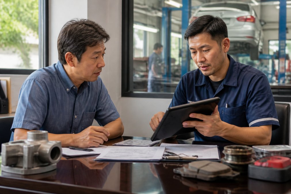 Customer and experienced mechanic in professional conversation in a bright shop office, discussing repair documentation on a tablet, diagnostic reports and parts visible on desk, natural daylight from windows