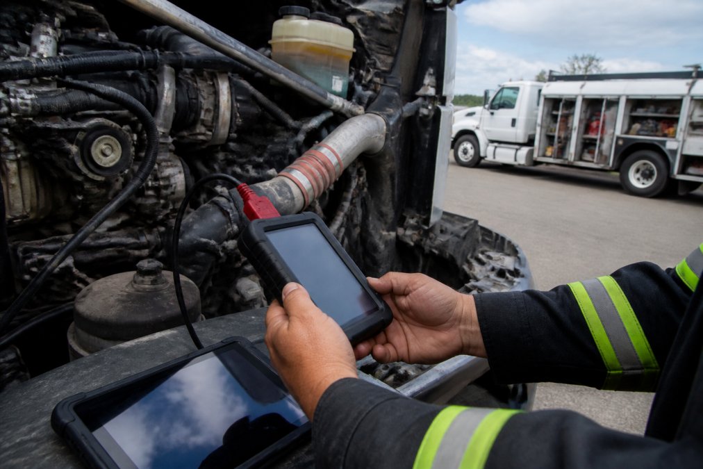 Close-up of a mobile diesel mechanic's hands holding a diagnostic scan tool connected to a heavy-duty truck engine, with a tablet displaying engine data in the foreground and a service truck visible in the background