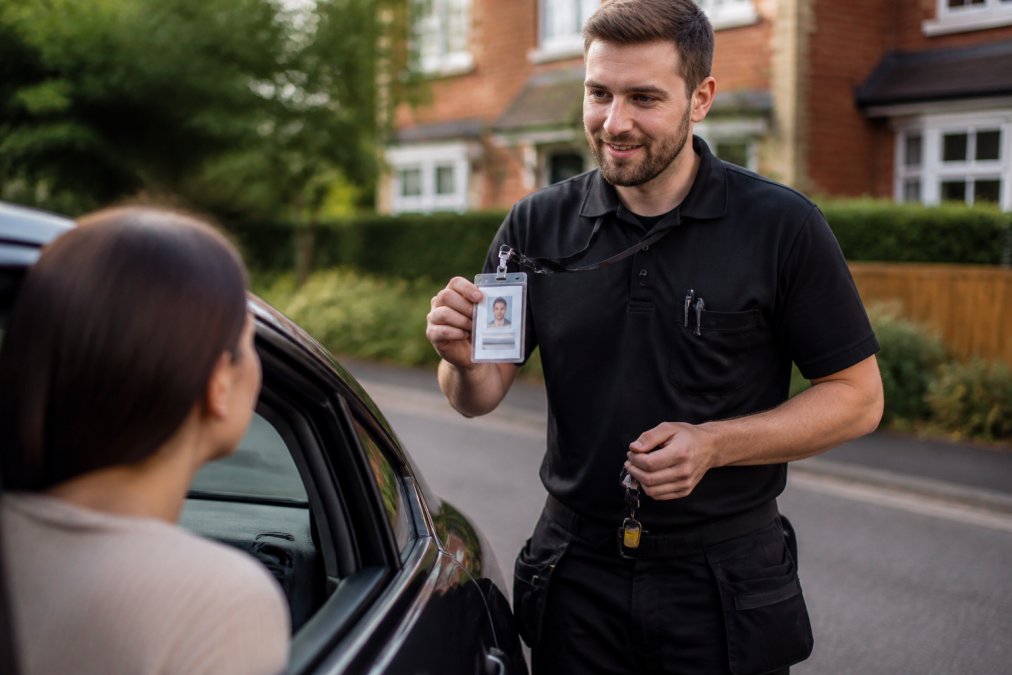 Professional locksmith displaying credentials and ID badge to customer at car door, with daylight and residential setting visible in background
