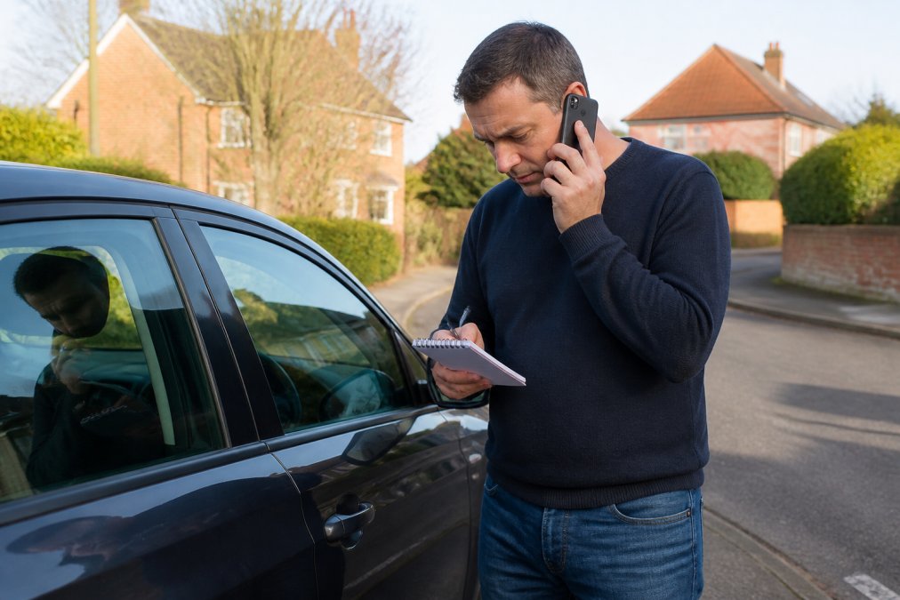 Driver standing beside locked car, holding mobile phone and notepad, preparing to take down locksmith details with natural daylight and residential street in background