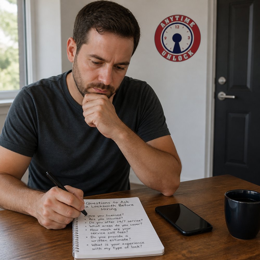 Person holding a notepad with a list of questions, sitting at a table with a phone nearby, ready to call a locksmith
