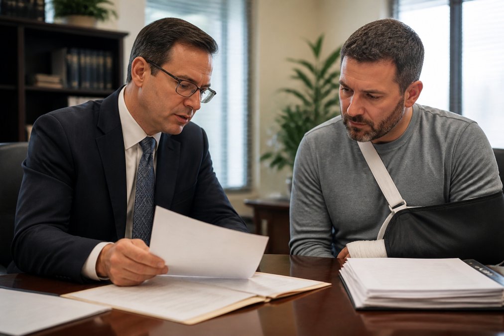 Professional attorney in modern law office reviewing documents with injured client at desk, both focused on paperwork with concerned but attentive expressions in natural office lighting