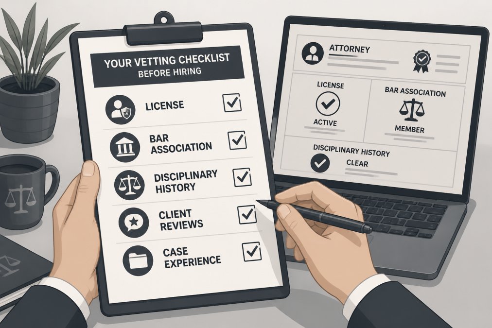 Close-up of hands holding checklist and pen, laptop screen visible in background displaying attorney credentials and bar association information in soft office lighting