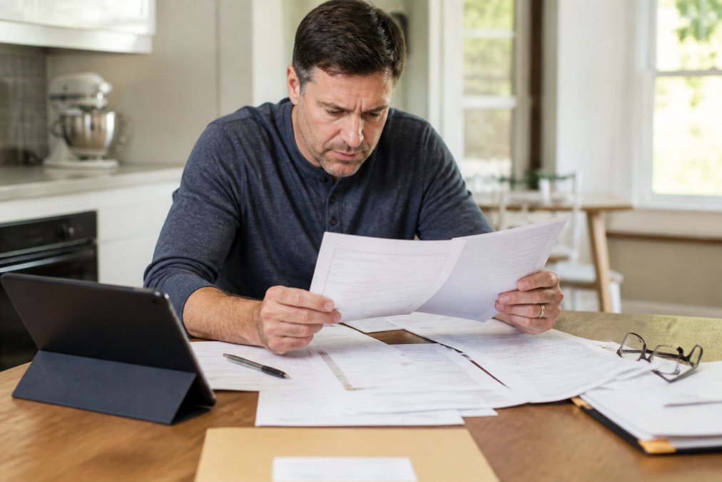 Homeowner reviewing roofing contractor licensing documents and insurance certificates at a kitchen table with paperwork, tablet, and reading glasses in natural daylight