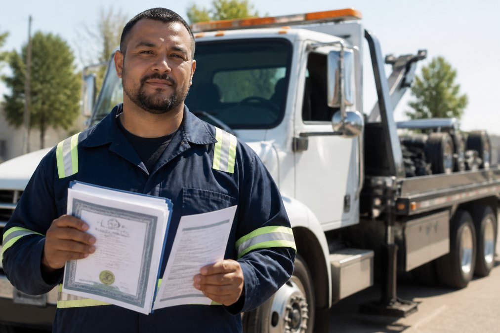 Professional towing operator holding insurance certificates and business license documents next to a well-maintained tow truck in daylight
