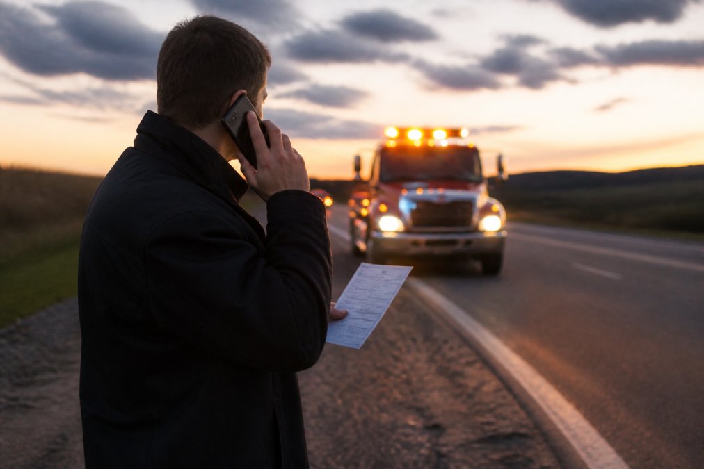 Driver on the side of a highway at dusk speaking on phone to dispatch while checking credentials of an approaching tow truck, with emergency lights visible