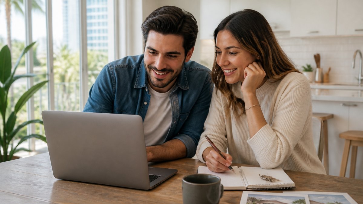 A young couple sitting at a kitchen table with a laptop, looking at apartment listings and taking notes, bright natural light, rental search in progress
