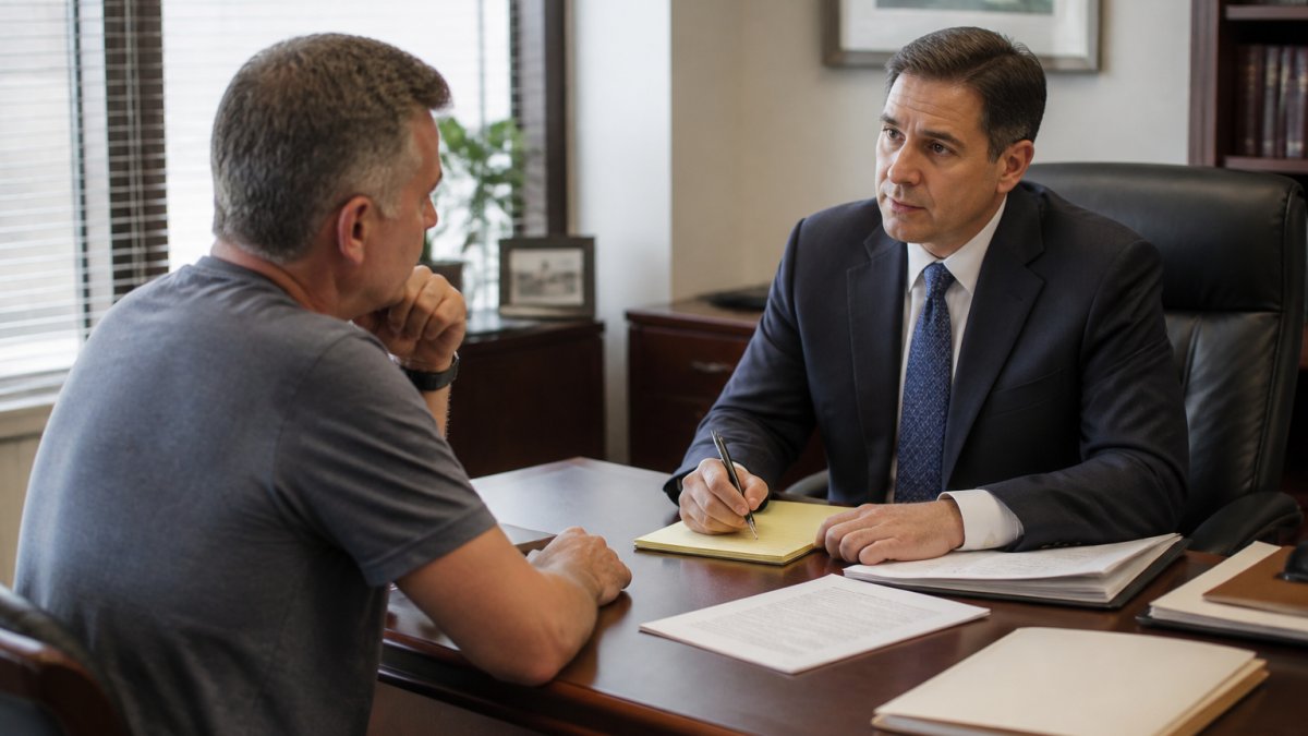 Client discussing case details with a reputable accident lawyer in a professional office setting.