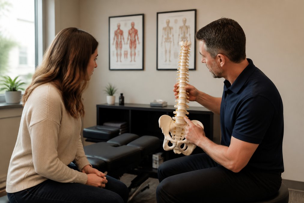 Patient sitting across from a chiropractor in a clinical office setting, discussing treatment options and reviewing diagnostic images during an initial consultation