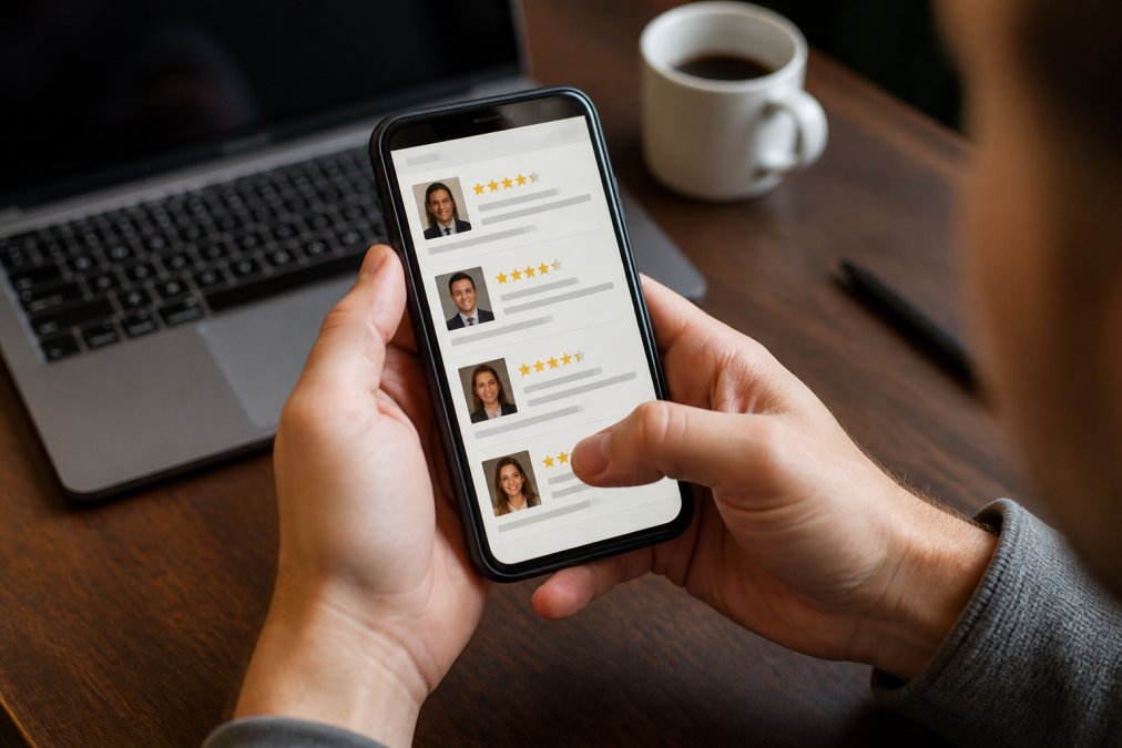 Close-up of a person's hands holding a smartphone displaying attorney reviews and star ratings on a search results page, with a laptop and coffee cup blurred in the background