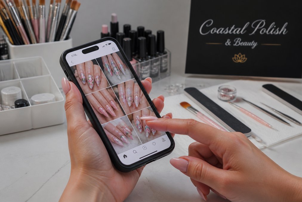 Manicured hands holding a smartphone displaying an intricate nail technician portfolio on Instagram