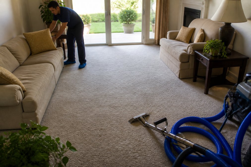 Homeowner moving furniture and clearing a living room before professional carpet cleaning, with sofas pushed to the side and floor space visible