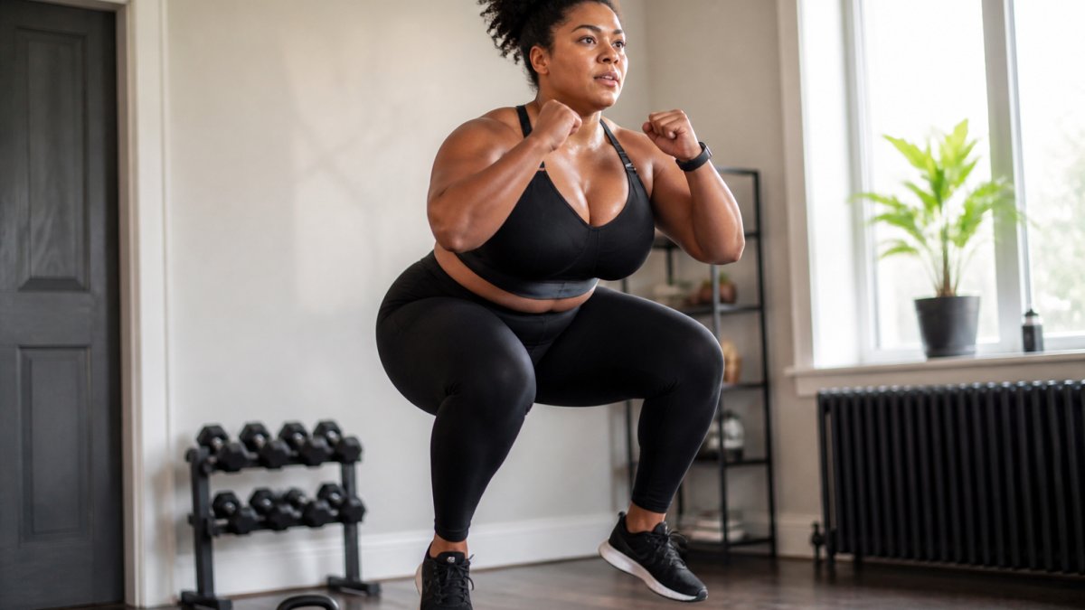 A woman with a large bust wearing a high-impact sports bra, performing a jump squat in a bright home gym, showing the bra's secure fit and adjustable straps in action