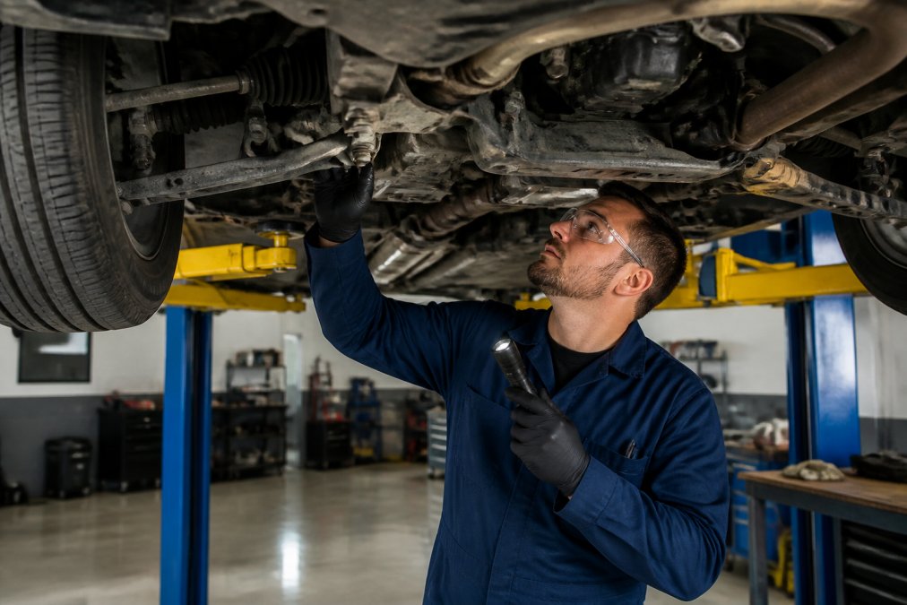 Professional ASE-certified technician in blue work uniform performing undercarriage inspection on vehicle lifted on hydraulic lift in well-lit professional shop environment