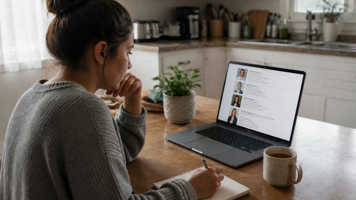A person sitting at a kitchen table with a laptop and a notepad, calmly reviewing a list of therapist profiles on the screen, with a cup of tea nearby and soft natural light