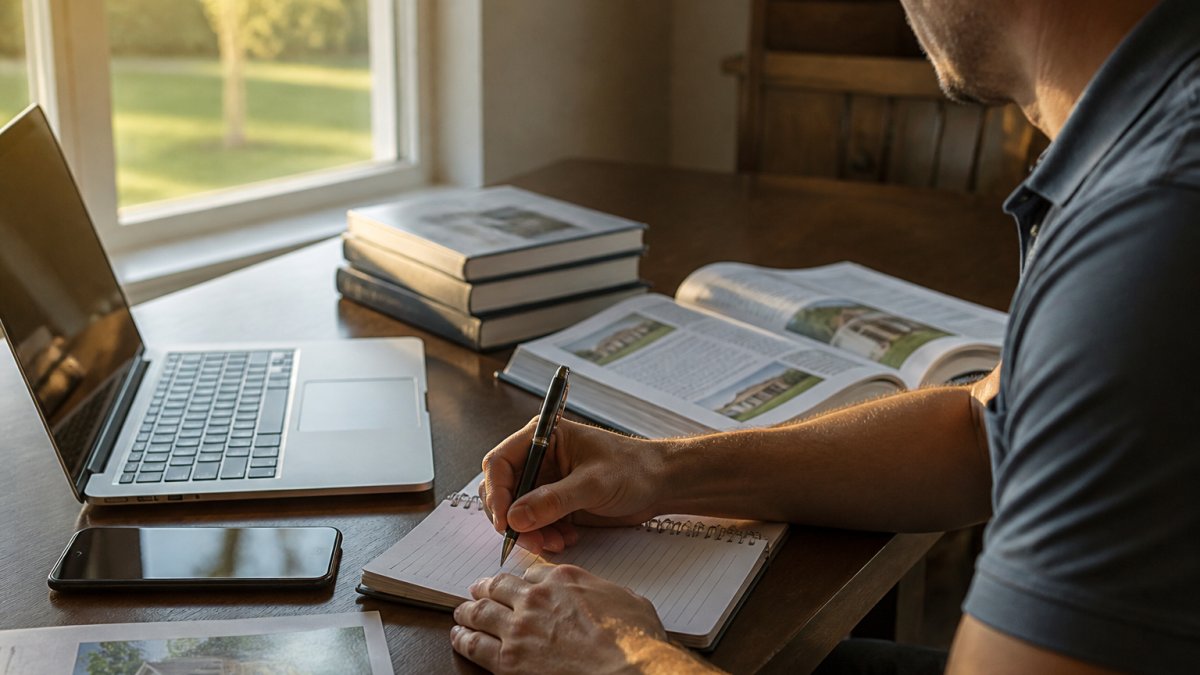 Professional sitting at desk with laptop, reviewing course materials and taking detailed notes with focused expression in bright office setting