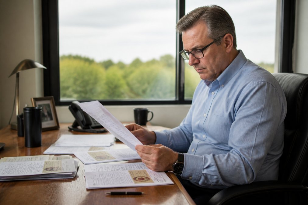 Professional man in his 50s sitting at a desk reviewing medical credentials and licensing documents on a computer screen with a focused, deliberate expression in a modern office setting