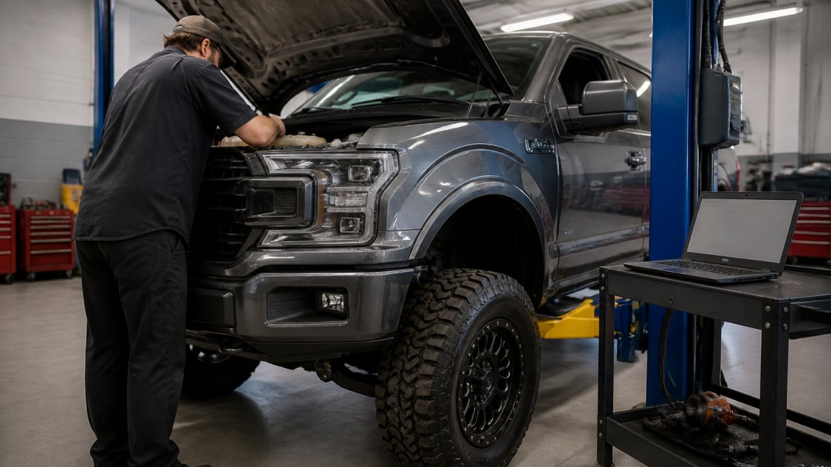 Technician inspecting a lifted pickup truck engine in a clean performance shop bay with diagnostic tools
