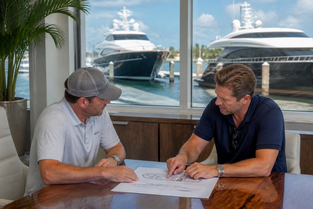 Professional yacht broker and client discussing vessel specifications and market details at a marina office, with premium motor yachts visible through windows in background lighting