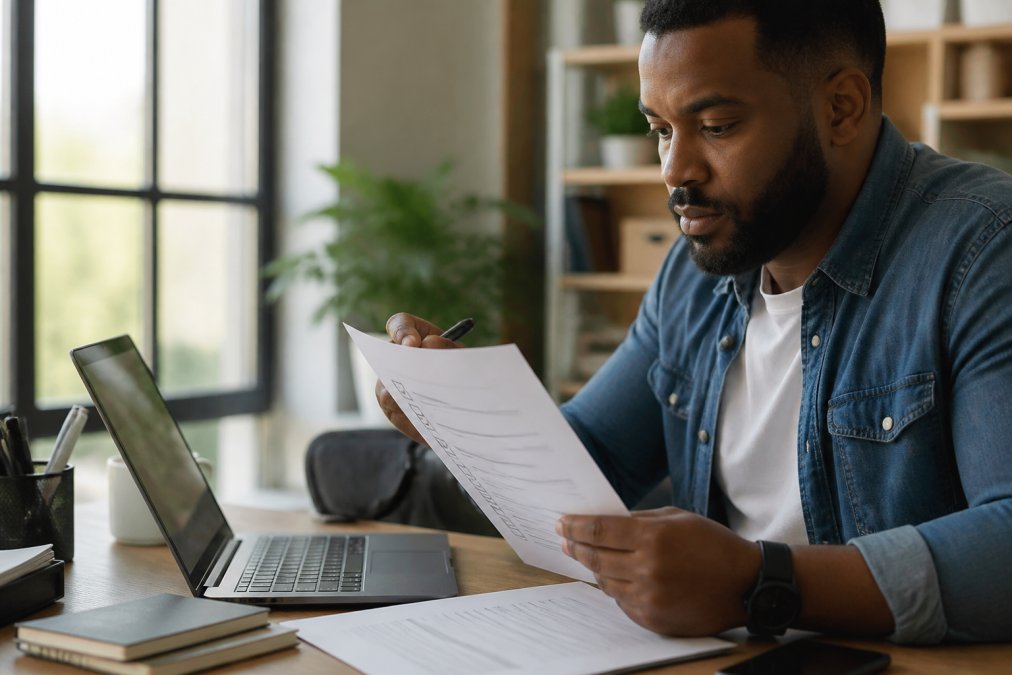 A small business owner at a desk reviewing a printed checklist and comparing details on a laptop screen, natural daylight from a window