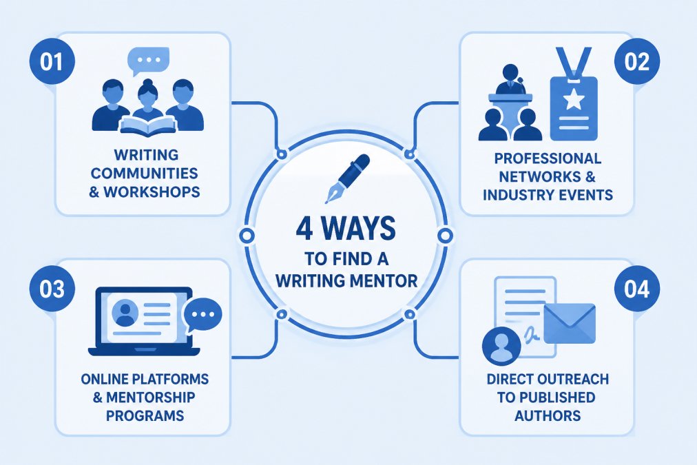 Diagram showing four pathways to finding a writing mentor: writing communities and workshops, professional networks and industry events, online platforms and mentorship programs, and direct outreach to published authors