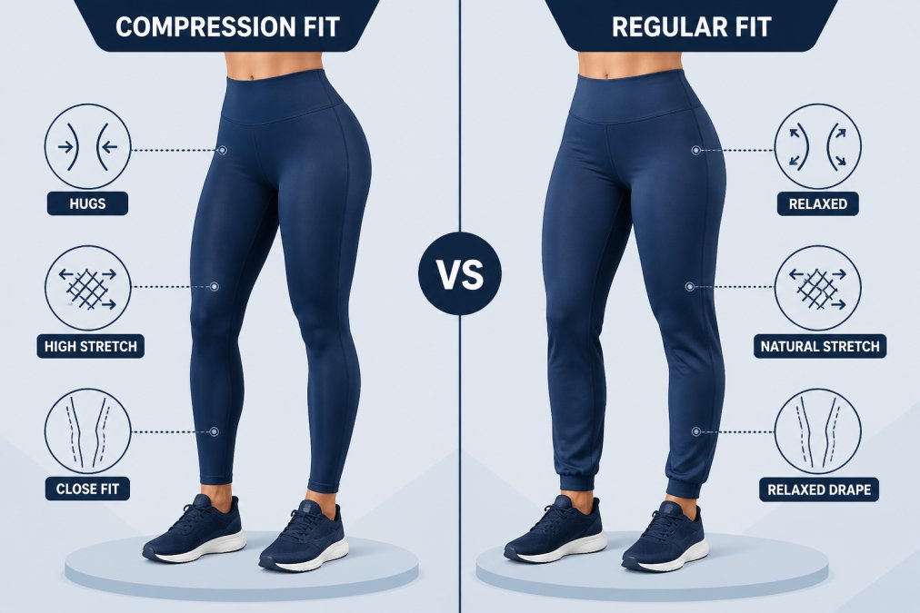 Side-by-side view showing someone wearing compression leggings versus regular fit leggings, highlighting how the compression garment hugs the body more closely while the regular fit offers more relaxed drape, with visible difference in fabric stretch and how the garments sit on the legs