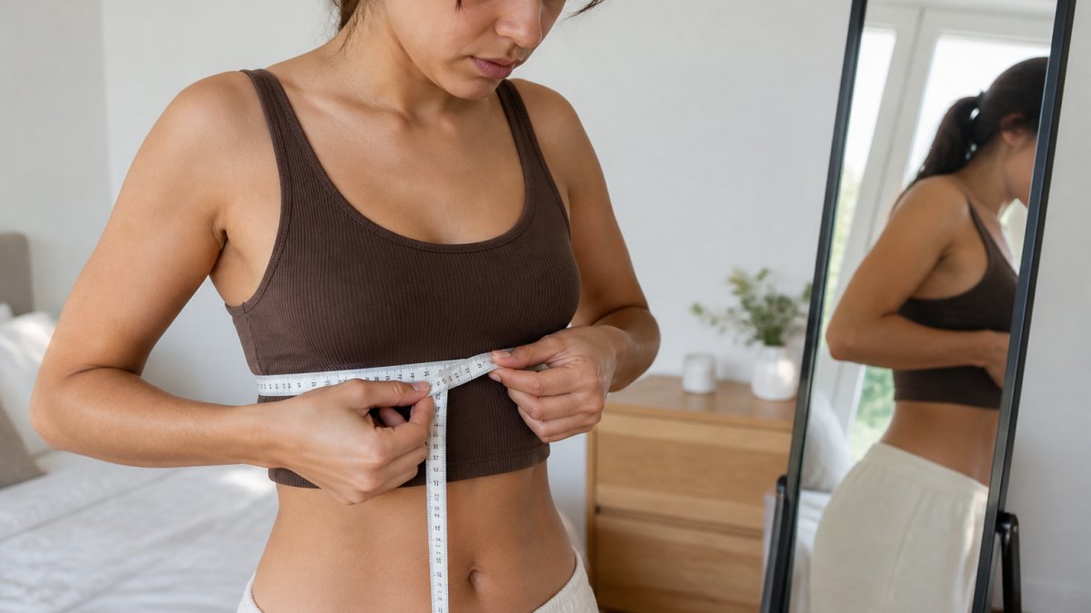 A woman in a soft neutral bedroom standing in front of a full-length mirror, holding a soft measuring tape snugly around her rib cage just under the bust, natural daylight from a window, calm and private at-home setting