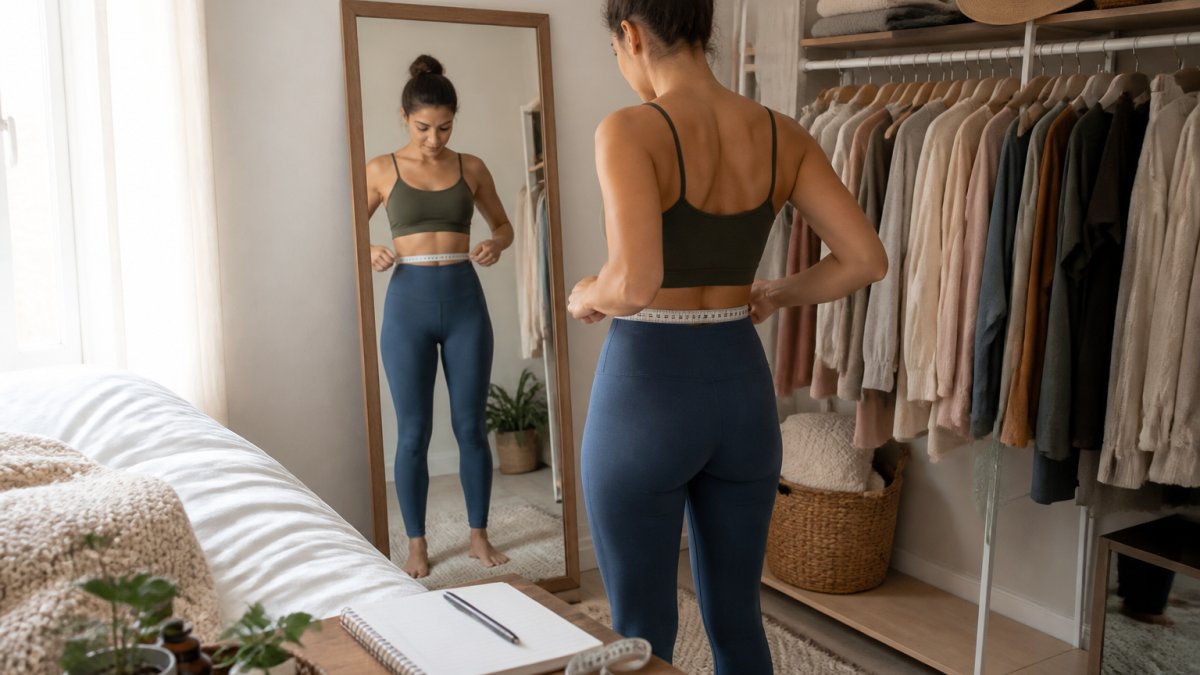 A woman standing in front of a full-length mirror in a bright bedroom, holding a flexible measuring tape around her waist while wearing fitted clothing, with a notebook nearby for recording numbers