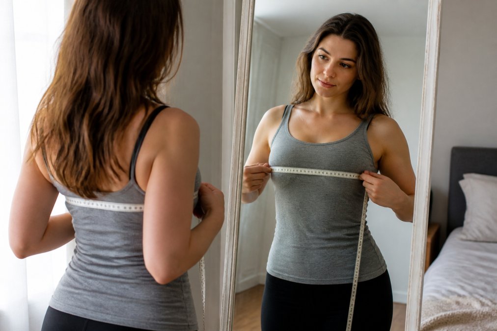 Woman measuring her bust circumference with a soft measuring tape, standing in front of a mirror with natural lighting, showing proper tape positioning held parallel to the ground against her body