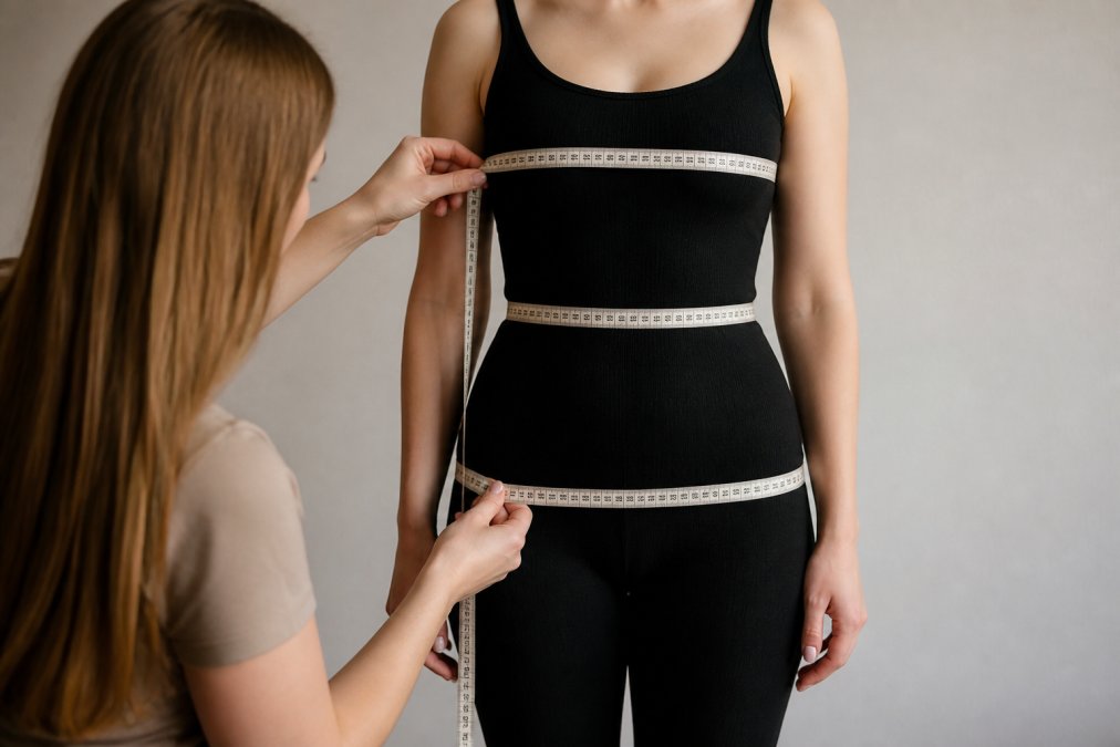 Person standing straight against a neutral background while being measured at the bust, waist, and hip with a flexible tape measure, wearing fitted clothing to show proper measurement placement