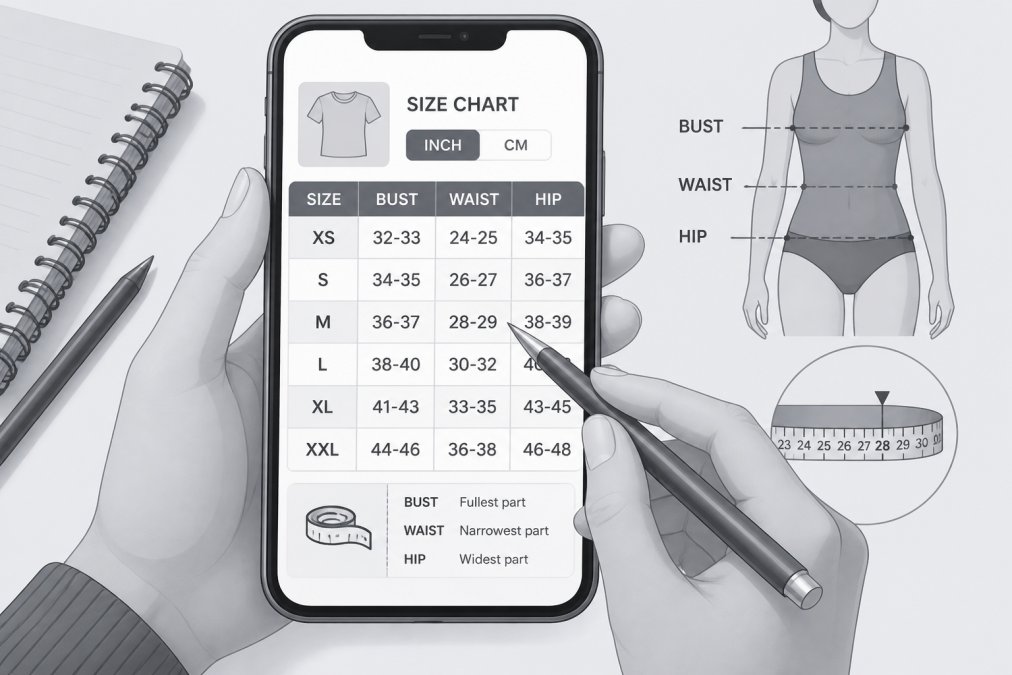 Close-up of someone's hands holding a smartphone displaying a detailed size chart on a retailer's website, with measurements clearly visible on the screen and a pen pointing to specific dimensions