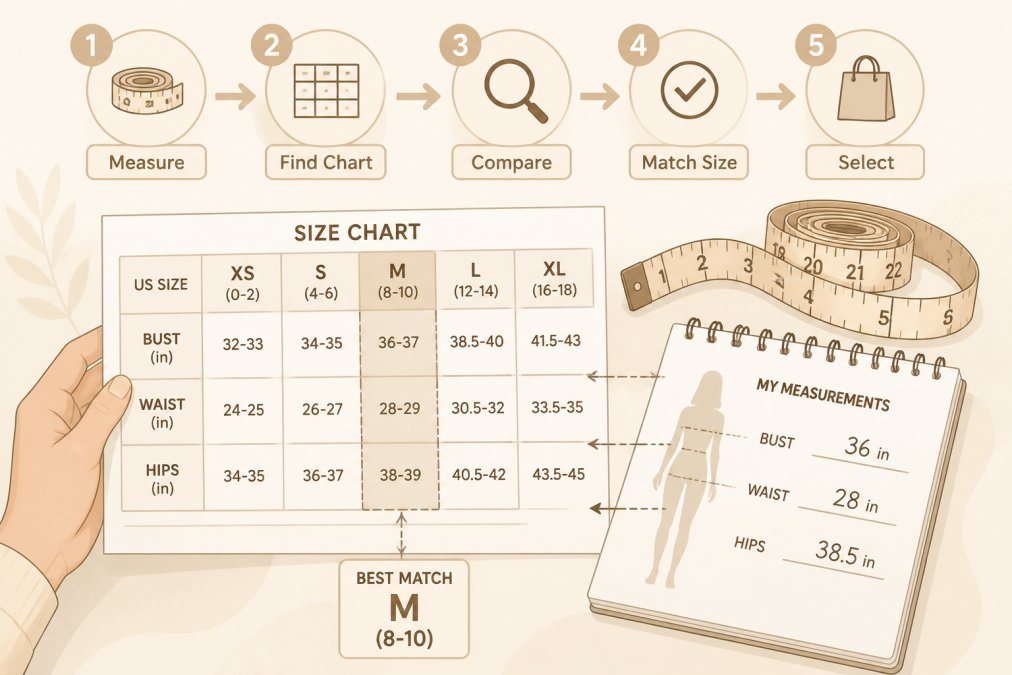Close-up of hands holding a printed size chart next to a flexible tape measure and written body measurements on a notepad, showing the comparison process between measurements and chart columns