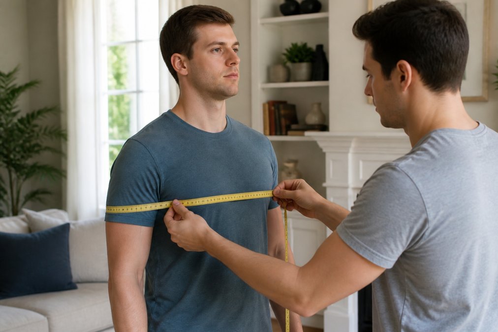 A person standing in a bright living room with arms relaxed while a friend wraps a yellow measuring tape around the fullest part of their chest, tape held perfectly parallel to the floor