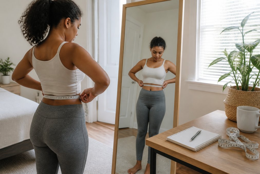 Person using a cloth measuring tape at their waist to ensure accurate sizing charts while standing before a mirror.