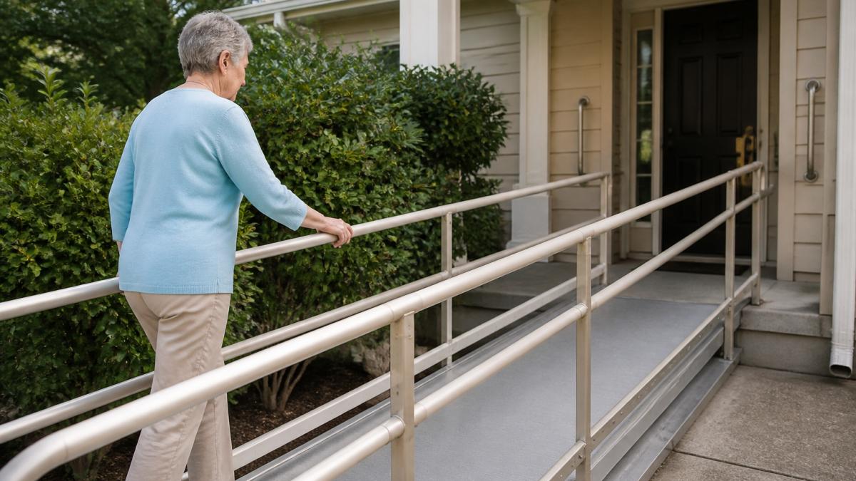 Senior citizen using handrail while ascending an exterior ramp to home entrance, with grab bars visible near the front door in natural daylight